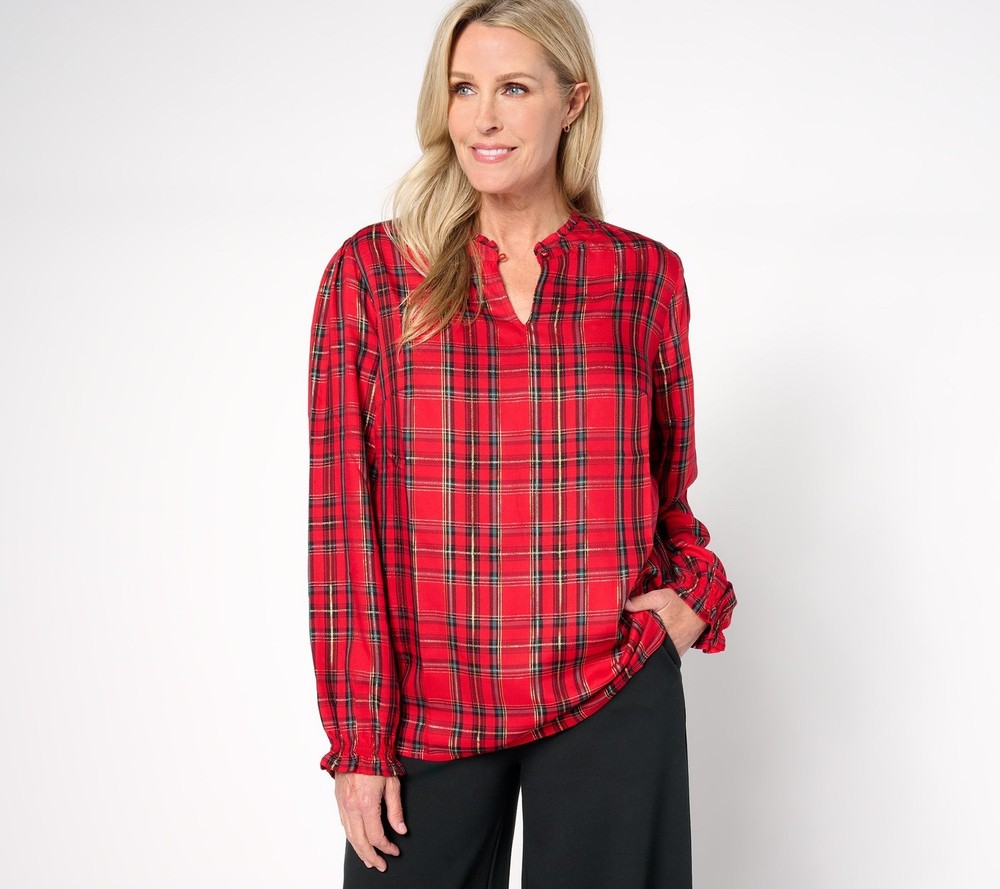 Maya J Women's Top Plus Sz 2X Denim & Co. Plaid Print Lurex Bias Trim Red