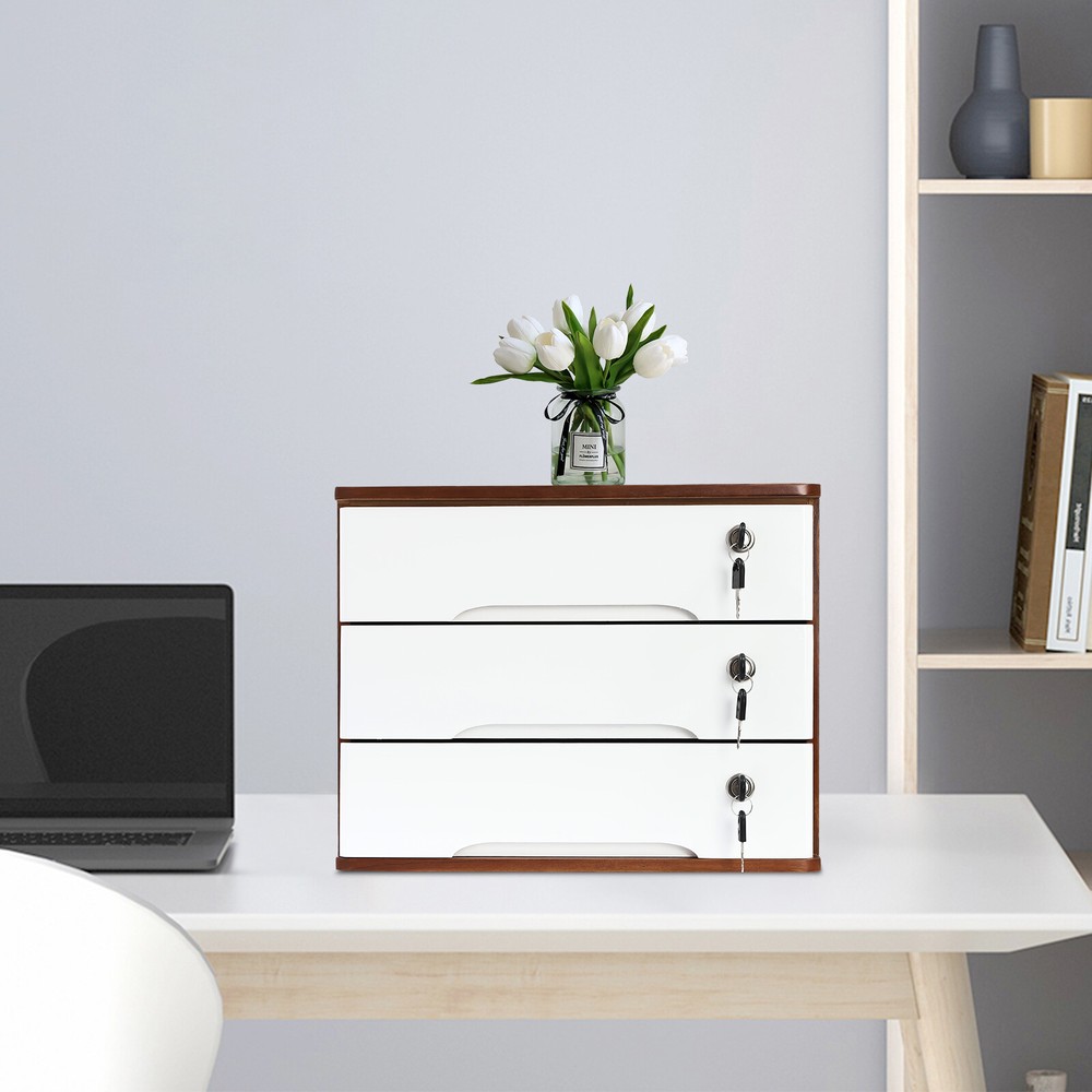 Wooden Desk Organizer, 3-Tier Tung Wood  Storage Cabinet with Lockable Drawers