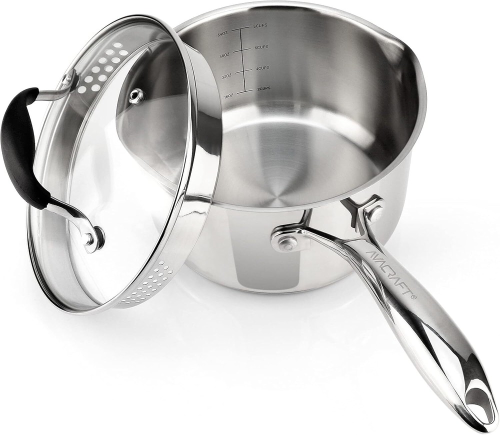 Two Side Spouts for Easy ... Stainless Steel Saucepan with Glass Strainer Lid