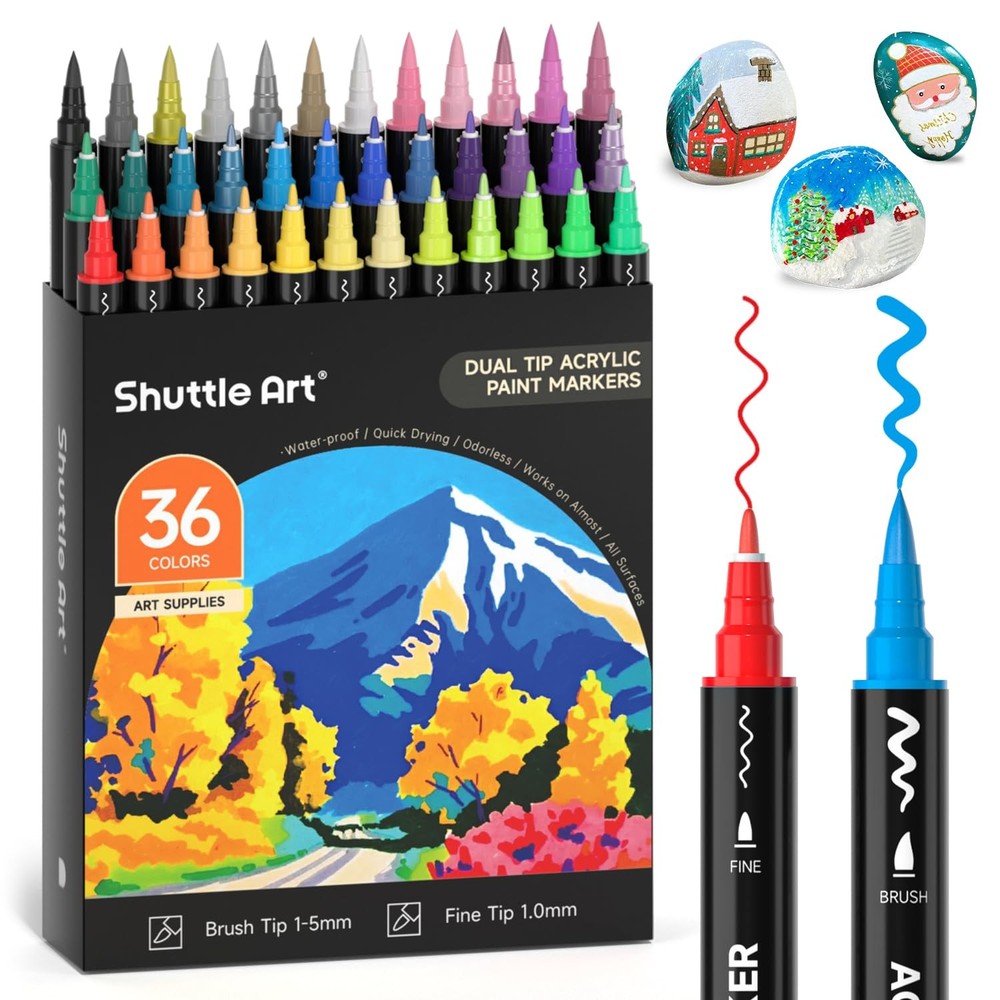 Shuttle Art 36 Colors Dual Tip Acrylic Paint Markers, Brush and Fine Tip for ...