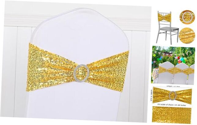 Double-Sided Sequin Spandex Gold Chair Sashes Pack for Wedding 100 Gold Sequin