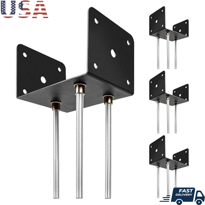 4-Piece Black U-Shape Concrete Post Anchor for Enhanced Rectangular Fence Post Stability and Secure Installation