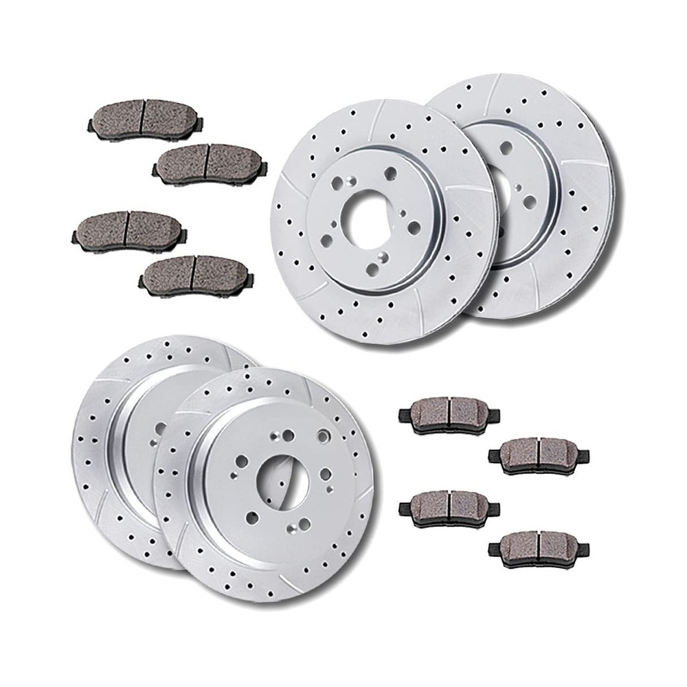 Front and Rear Disc Rotors Ceramic Brake Pads Drilled and Slotted Brake Kit R...