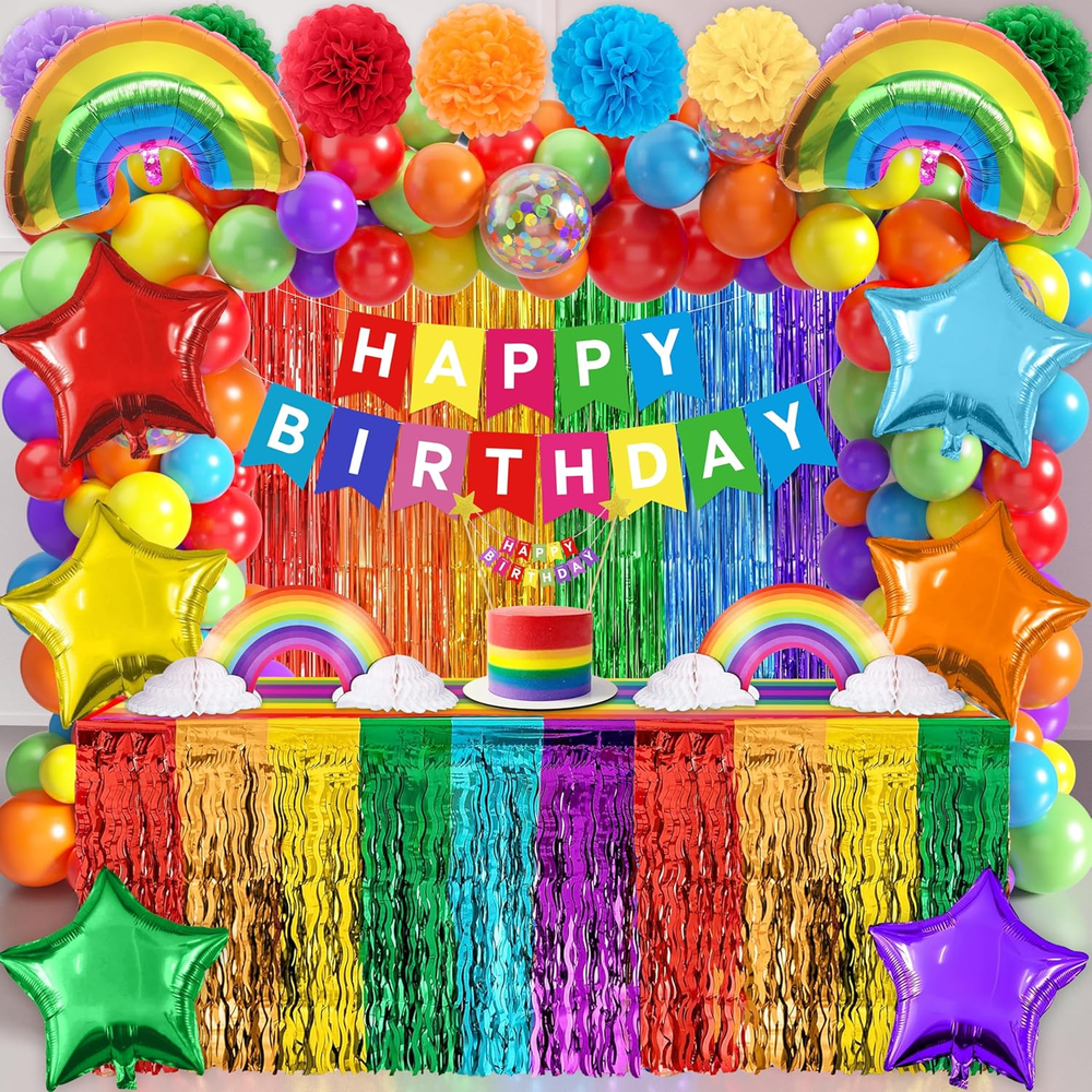 Rainbow Birthday Decorations, 104Pcs Rainbow Party Supplies for Boys and Girls,