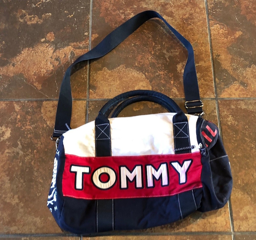 Vintage TOMMY HILFIGER Duffel Gym Bag w/ Shoulder Strap Red White Blue