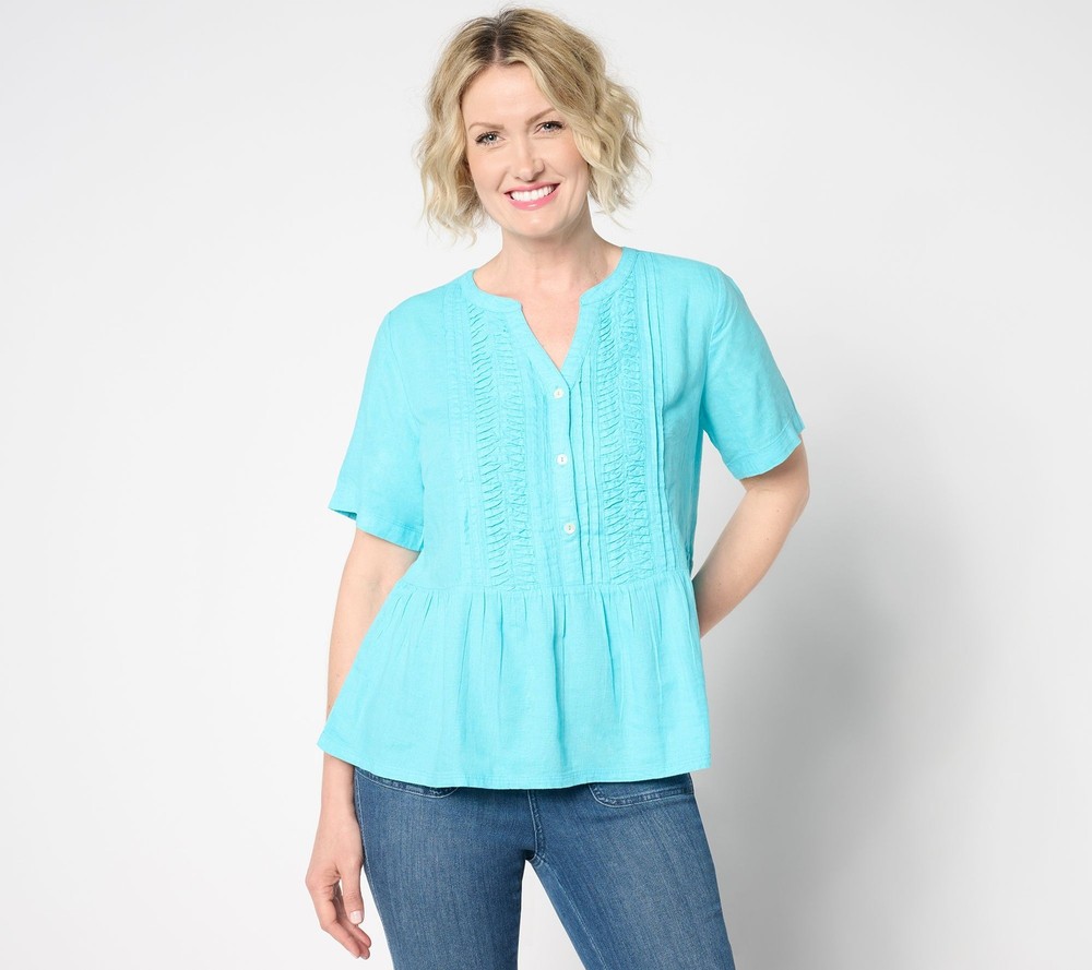 Fashion Women's Top Plus Sz 4X Denim & Co. Naturals Linen Blend Blue A644254
