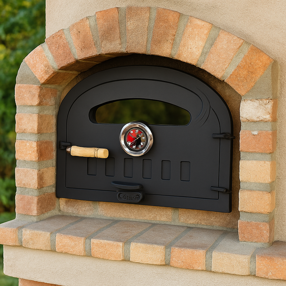 Heavy-Duty Steel Pizza Oven Door with Built-In Thermometer for Firewood Clay Ovens