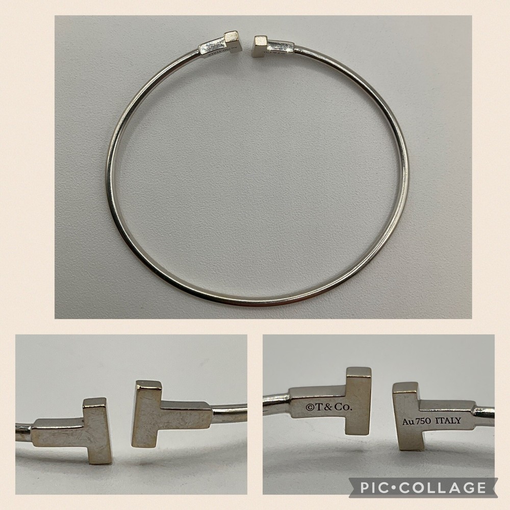 Tiffany & Co 18K White Gold T Narrow Wire Open Bangle Bracelet 5.5 Grams