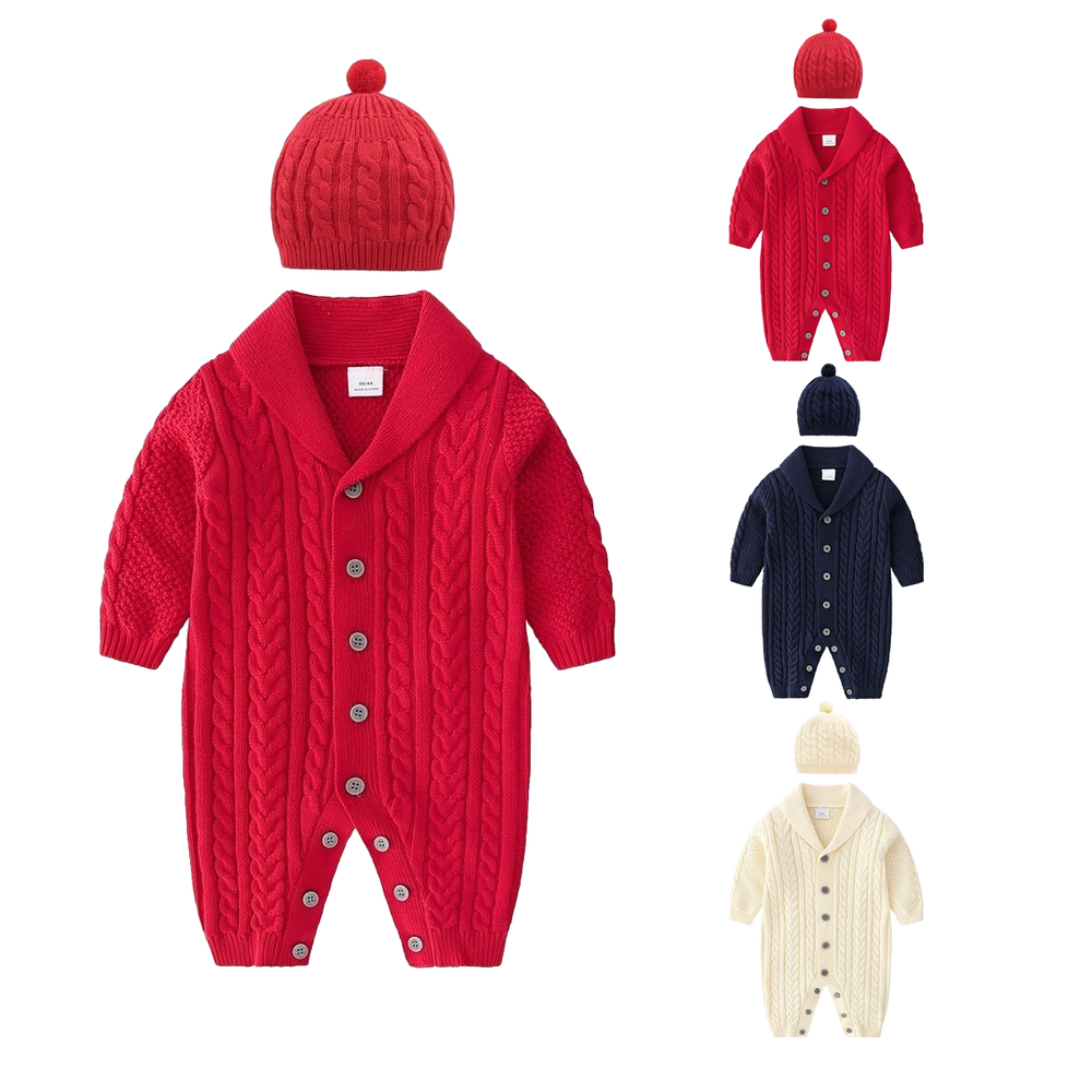 Baby Outfit Cotton Knit Newborn Infant Romper Longsleeve Sweater W/ Warm Hat Set