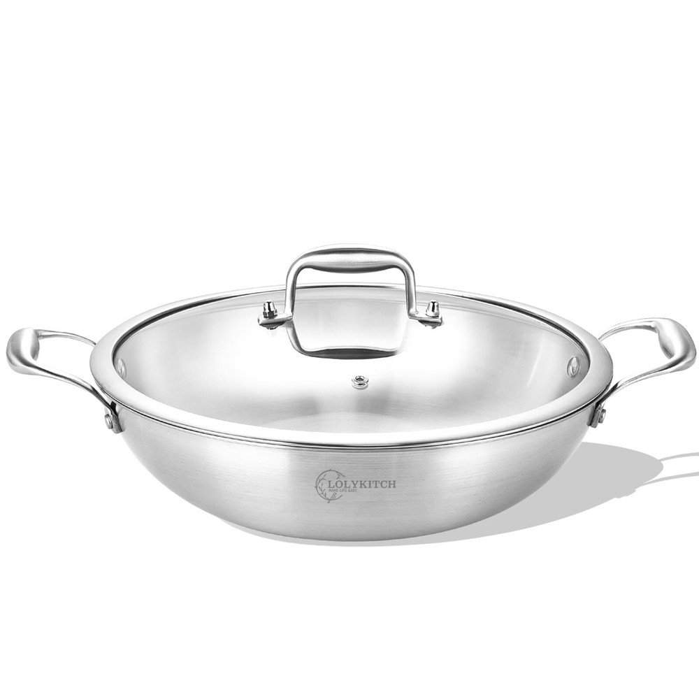 12 Inch Tri-Ply Stainless Steel Wok Pan with Lid,5 QT Deep Stir-Fry Pan,Jumbo...