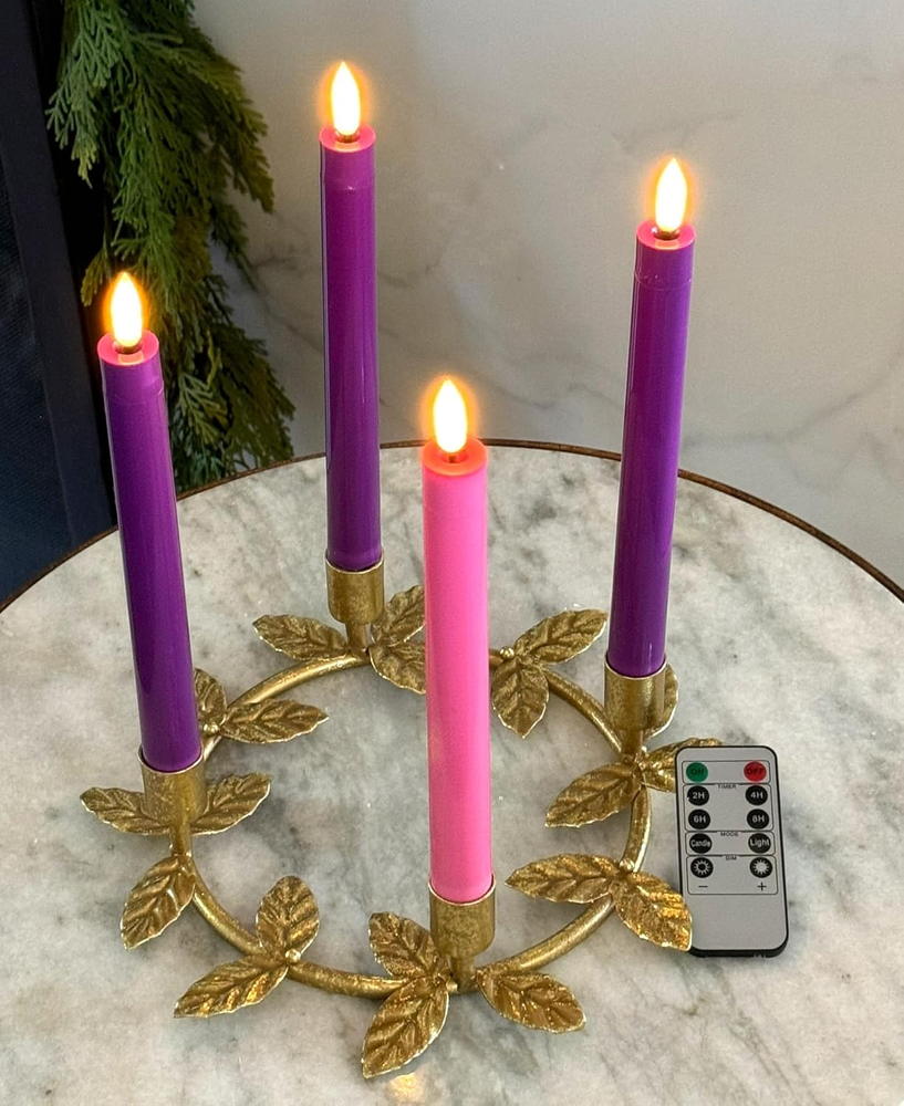 Flameless Advent Candle Set 4Piece Led Advent Taper Candles Purple and Pink Sof