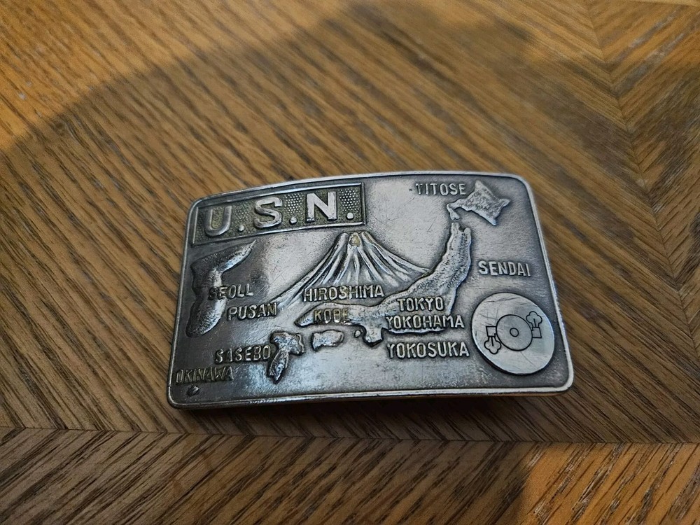 Vintage USN Military USA Navy Japan Korea Map Belt Buckle