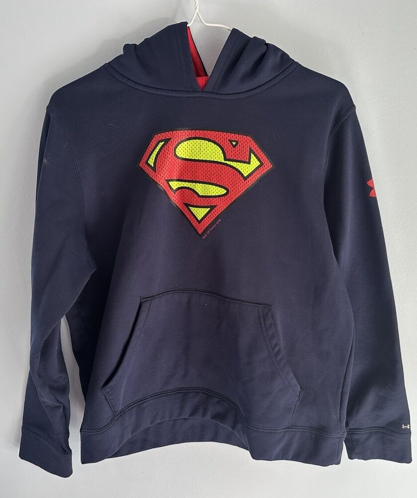 Under Armour Superman Hoodie Sweatshirt Blue Size YLG/JG/G Loose Coldgear