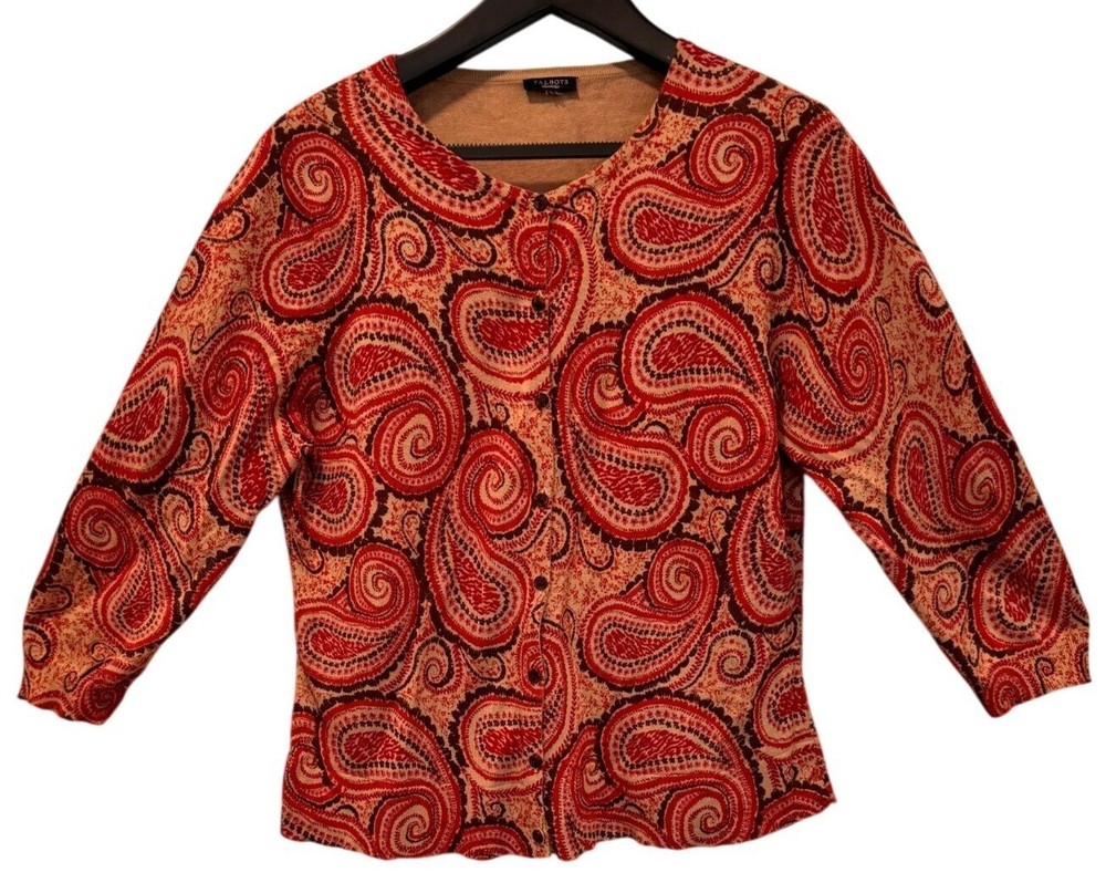 Talbots Button Down Cardigan 100% Cotton Paisley Design Red Tan Women's Medium