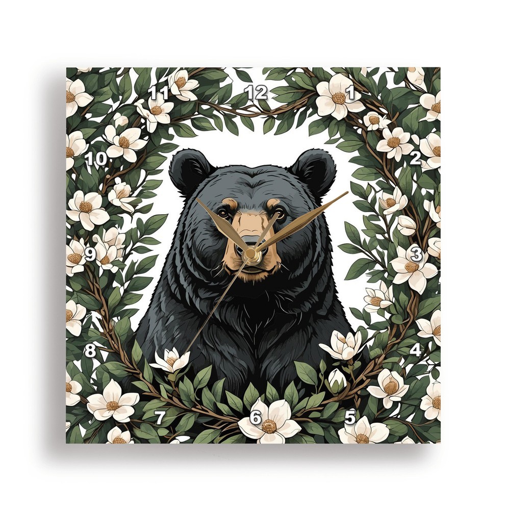 Black Bear Peeking Through Magnolia Flowers Wall Clock by 3dRose  