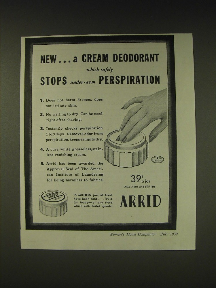 1939 Arrid Deodorant Ad - New.. A cream deodorant which safely stops under-arm