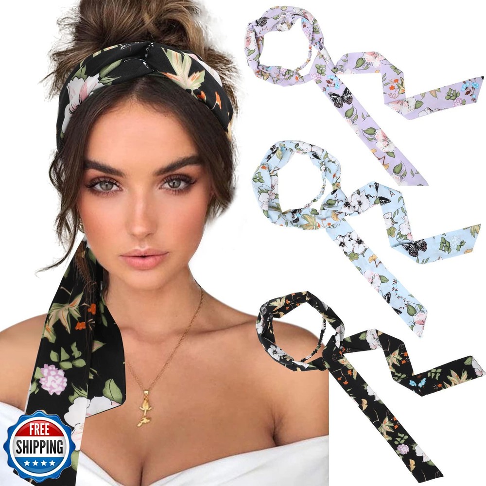 AWAYTR Womens Twist Knotted Chiffon Criss Cross Head Wraps 3PCS Non-Slip Hair Accessories