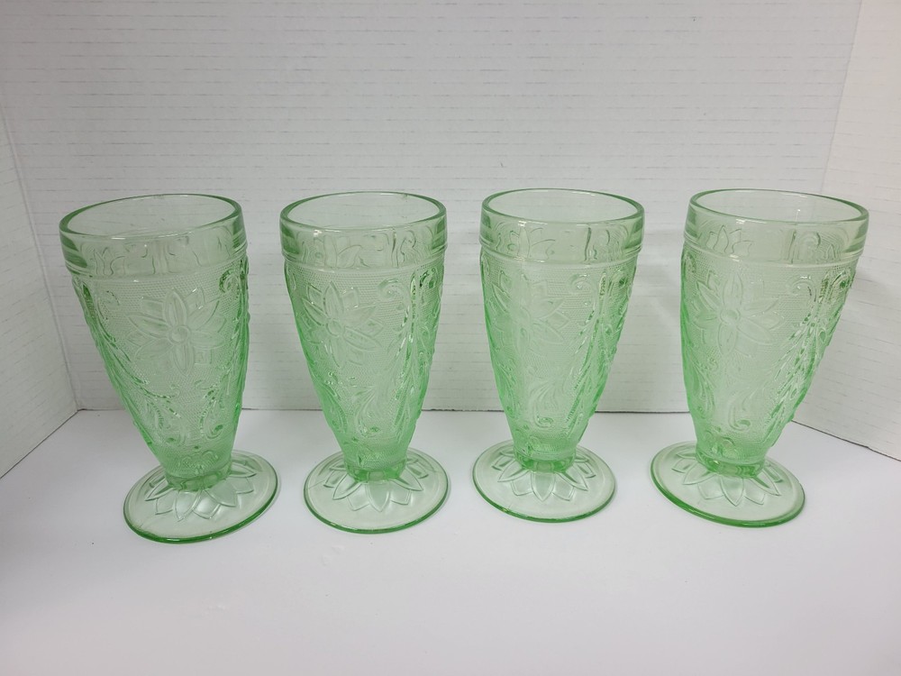(4) Indiana Glass Tiara Chantilly Green Sandwich 10oz Footed Iced Tea Tumblers