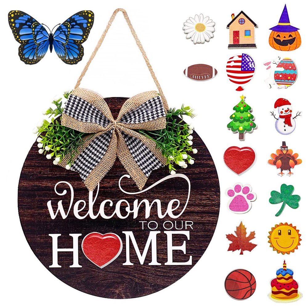 Seasonal Welcome Sign Round Wood Wreath Front Door Decor Interchangeable-image