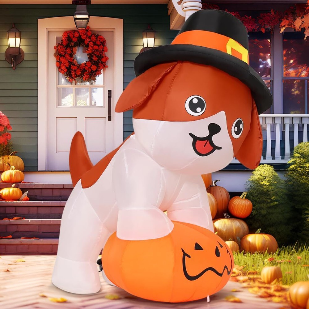 5.2 FT Thanksgiving Inflatables Dog Outdoor Decorations Blow Up Yard Cute Pup...