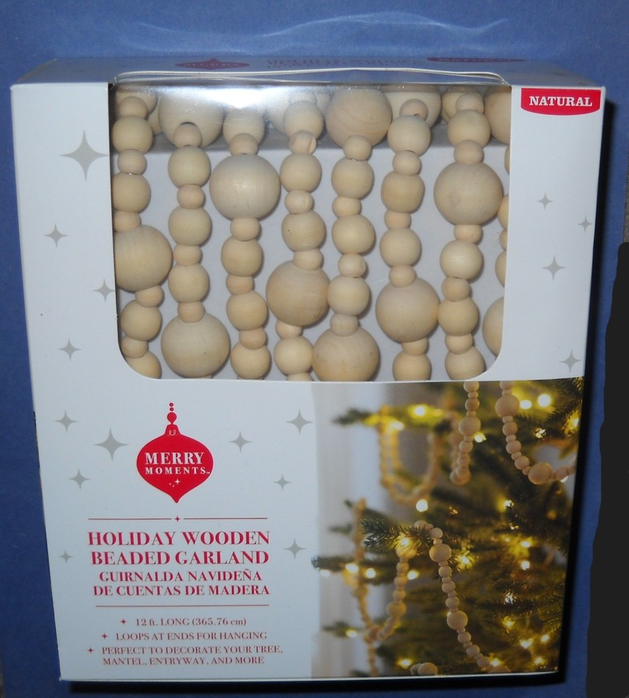 Aldi Merry Moments Holiday Wooden Beaded Garland 12 ft Natural Color New