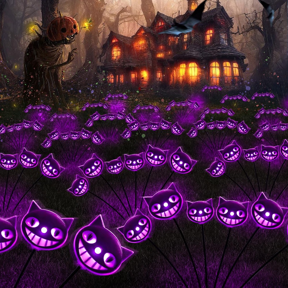 Halloween Solar Garden Lights Outdoor Decor 2-Pack 12LED Cute Cat Head Design