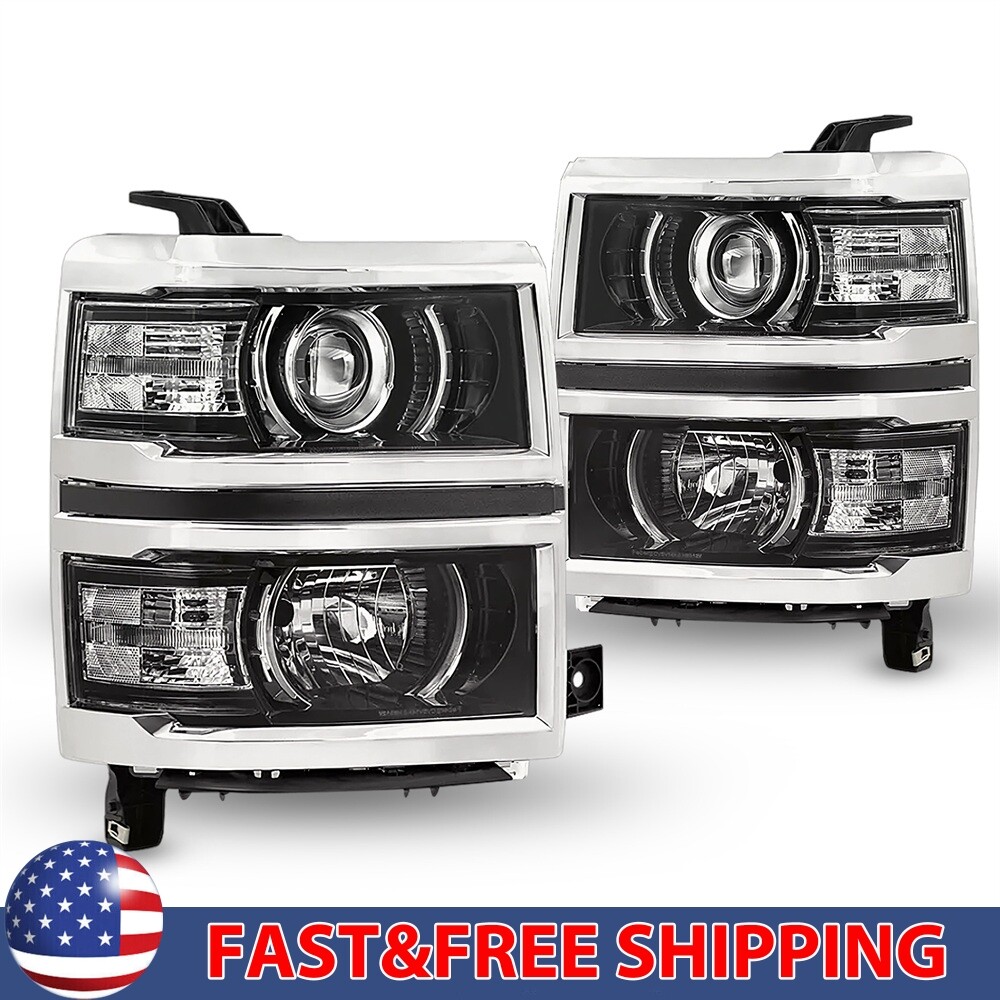 2PCS Black Clear Projector Head Lights Lamps For 2014-2015 Chevy Silverado 1500