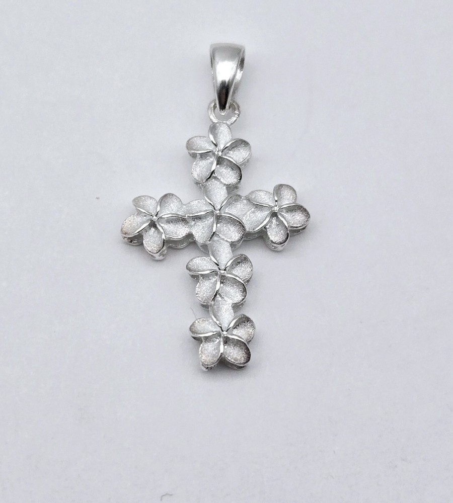 Vintage Sterling Silver White Plumeria Enamel Religious CROSS Drop Pendant - 2g