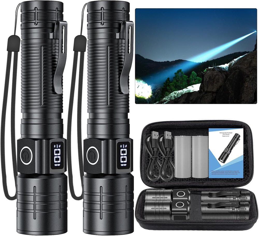 LED Flashlight, High Powered 50000 Lumens Super Bright Tactical Flashlight, Rech