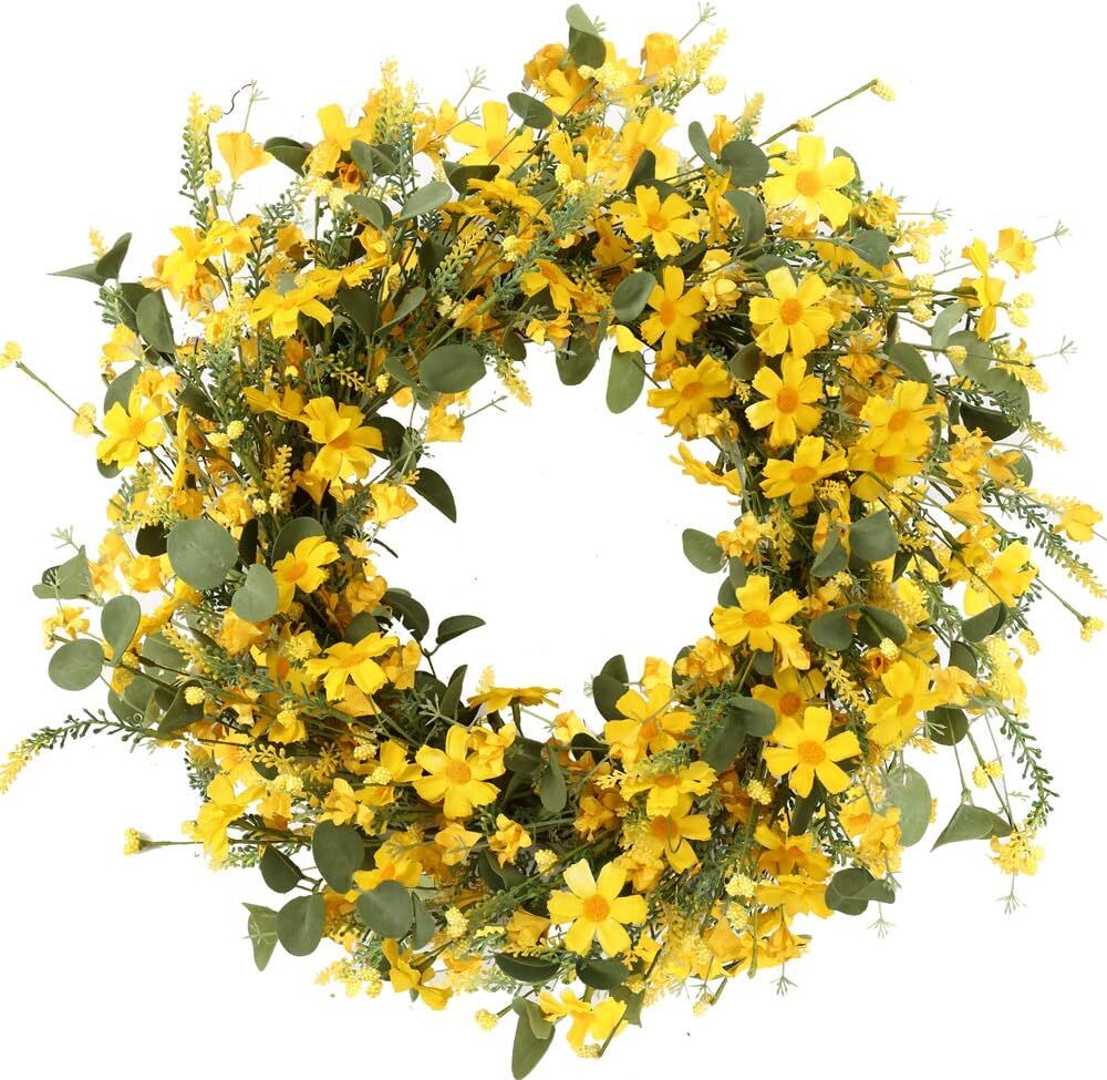 JFLORU 22-Inch Yellow Artificial Spring Summer Wreath for Front Door
