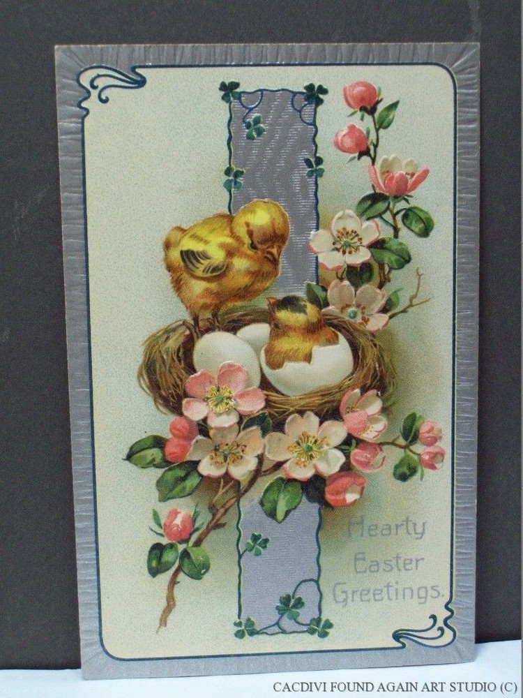 Easter Greetings Postcard Chicks in Nest Egg Pink Flowers Clover Silver Gilt