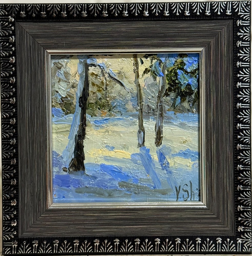 Original Oil Painting Winter Sunset Landscape Forest  Art Signed Framed Impasto