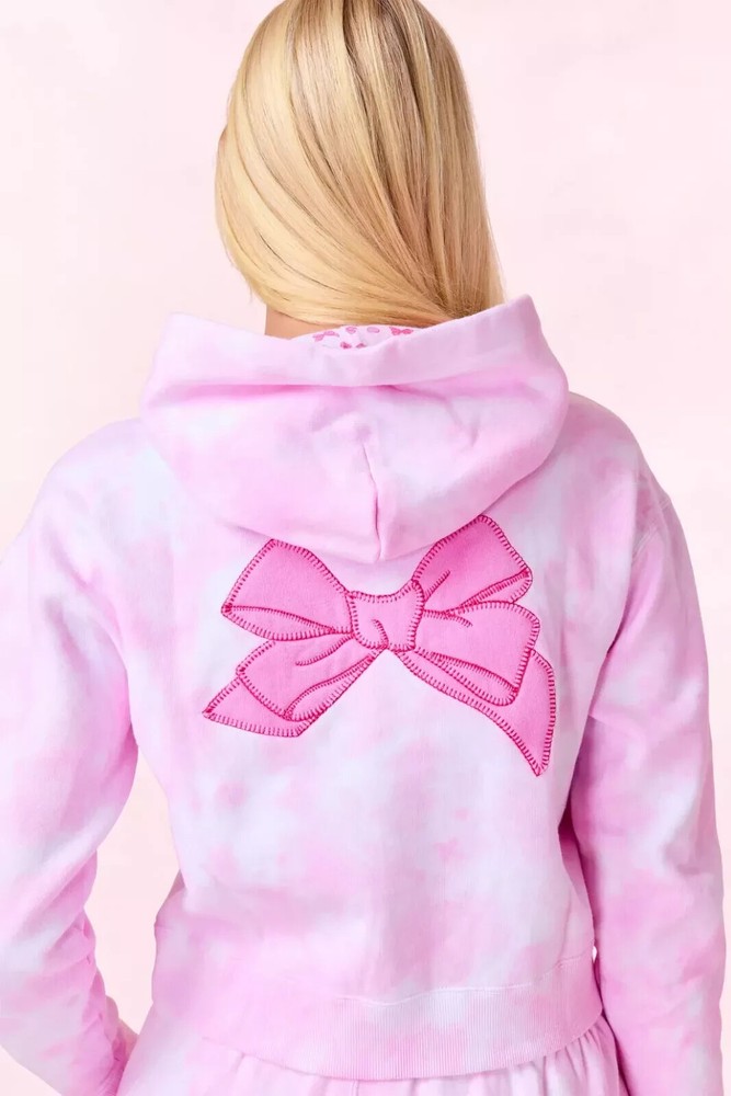 New Roller Rabbit X LoveShackFancy Pink Disco Bow Cropped Hoodie Valentine's S .