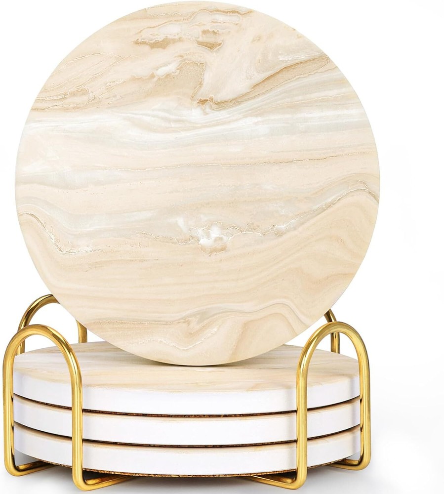 Absorbent Marble-Style Ceramic Drink Coasters Set of 4 in Beige