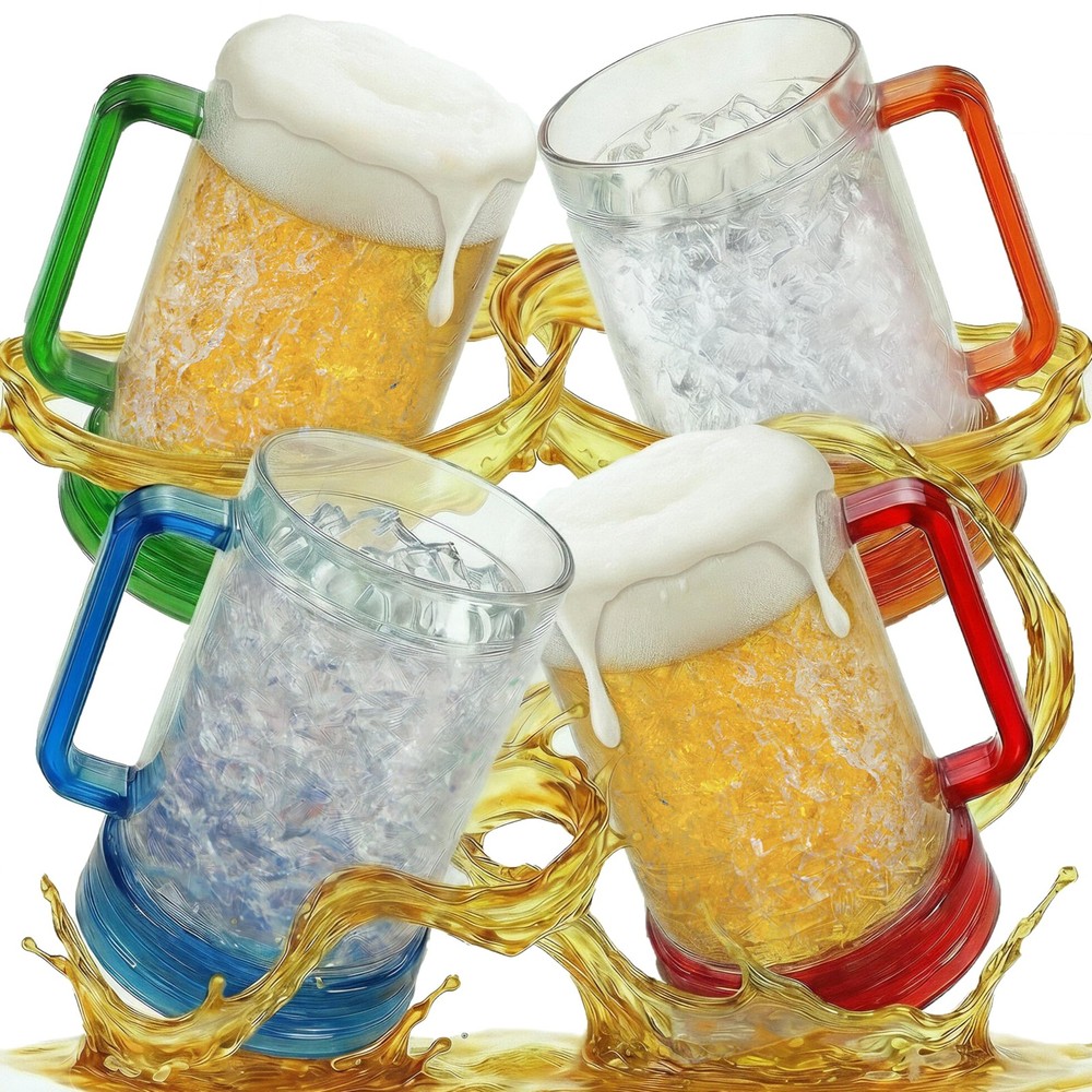 Beer Mugs with Gel Freezer 16 oz Double Walled Color Handles Set Of 4 Bar