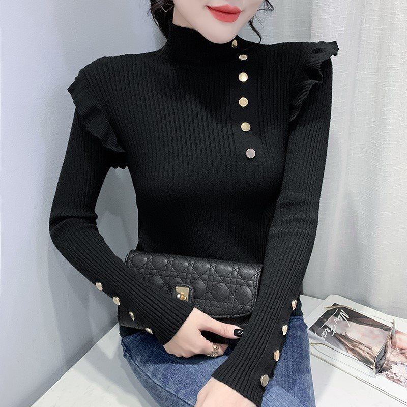 Women Fall Winter High Neck Ruffle Knit Tops Slim Pullover Sweater Blouse