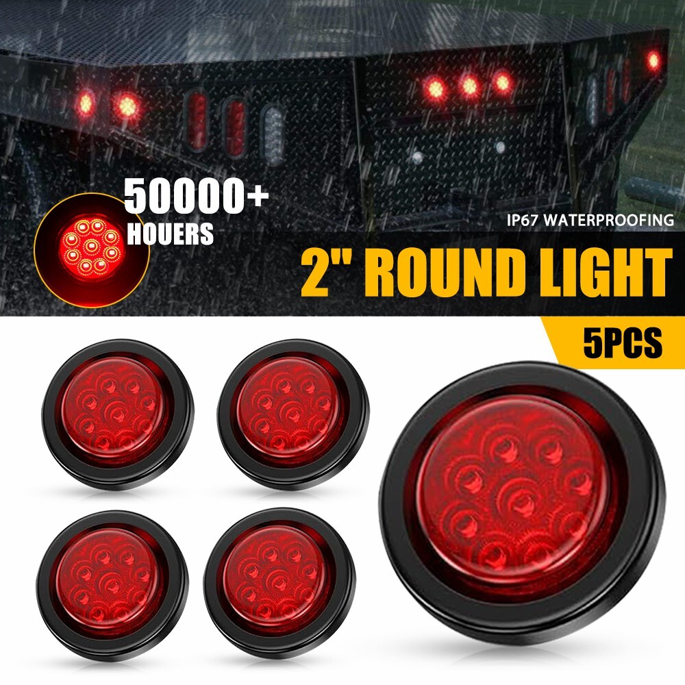5-Pack 9-LED 2-Inch Round Red Trailer Marker Lights with Grommet, 12-24V Waterproof LED Lights for Trucks, RVs, Trailers, and Marine Applications – Durable and Bright Side Marker Lights