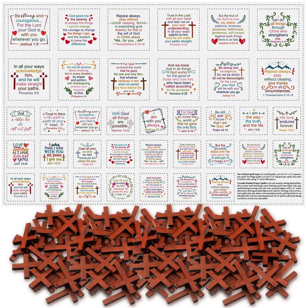 Pocket Prayer Quilt Panel Squares with Small Wooden Crosses Mini Scripture Po...