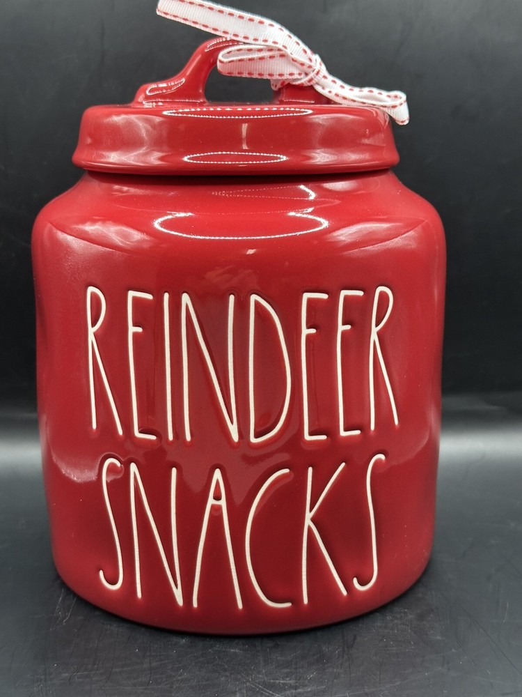 NEW Rae Dunn RED Reindeer Snacks Canister Christmas Magenta Artisan Collection