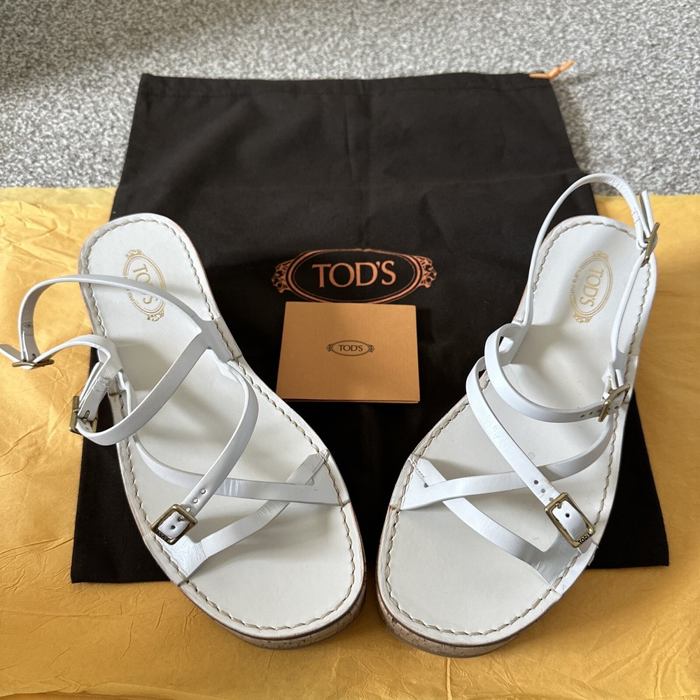 TODS White Leather Stappy Cork Platform Wedges Sandals EU38.5 UK5.5