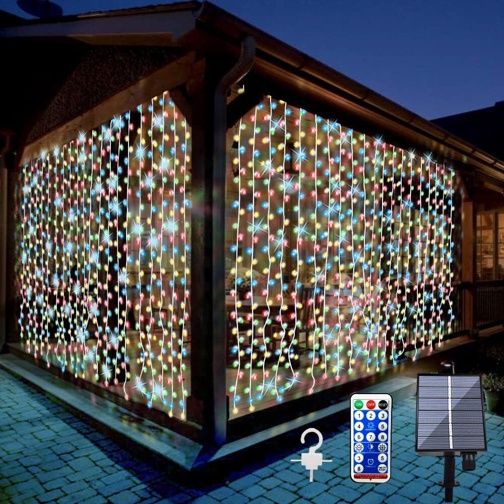 2 Pack Solar Curtain Lights Outdoor Garden Fairy String Lights 300 LED 8 Mode...