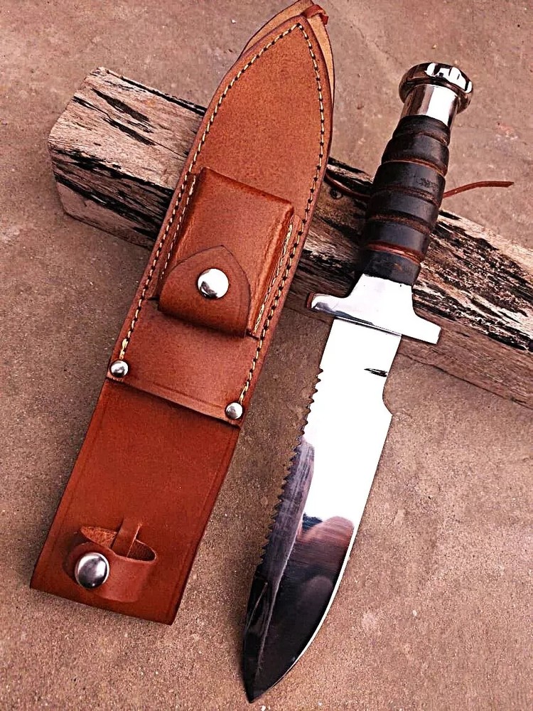 Custom D2 Steel Bowie Hunting Knife with Stacked Leather Handle for Survival