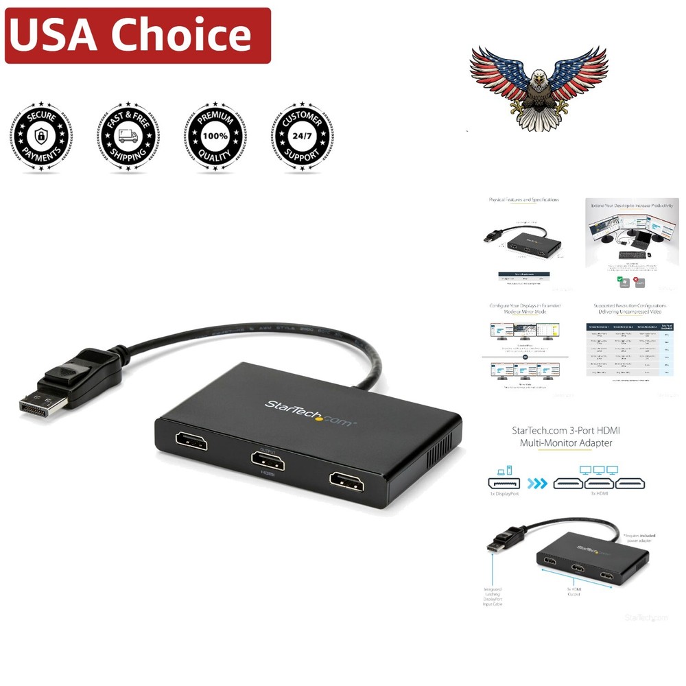 Windows-Compatible 3-Port DisplayPort to HDMI MST Splitter - Triple Monitors