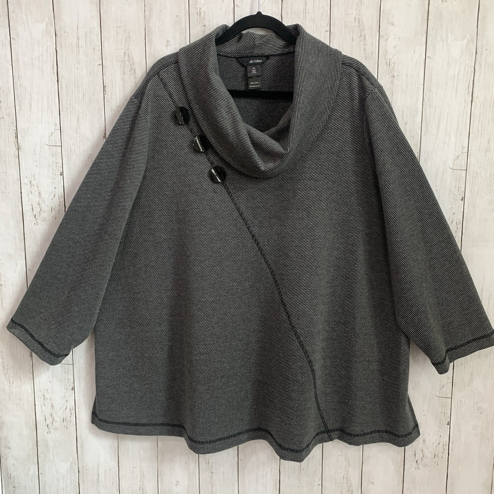 NWT  Ali Miles Women's 3X Gray Sweater Top Lagenlook Cowl Neck 3/4 Sleeve Stripe