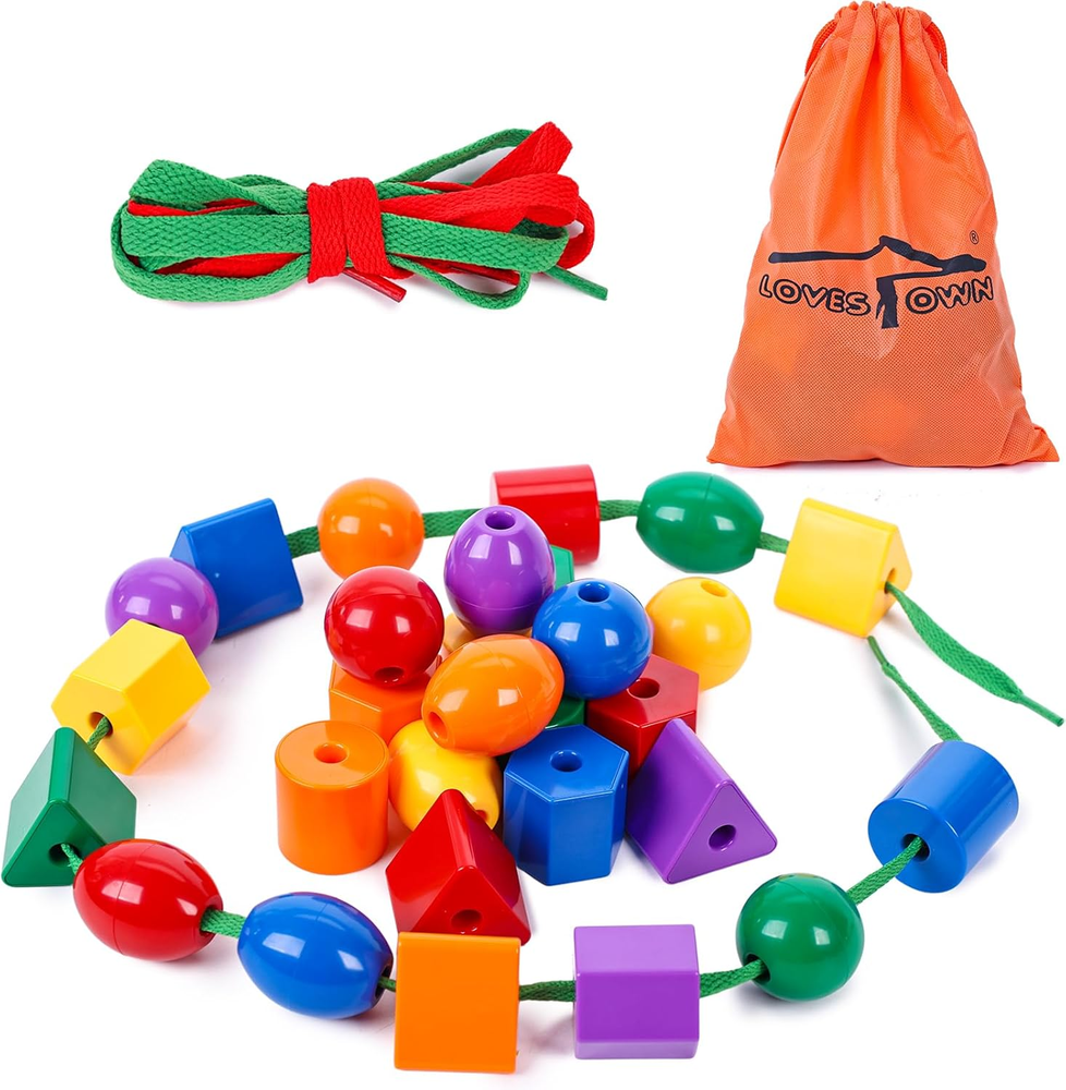 Lovestown Lacing Beads Set, Educational Toy with 30 Wooden Beads Montessori Toys