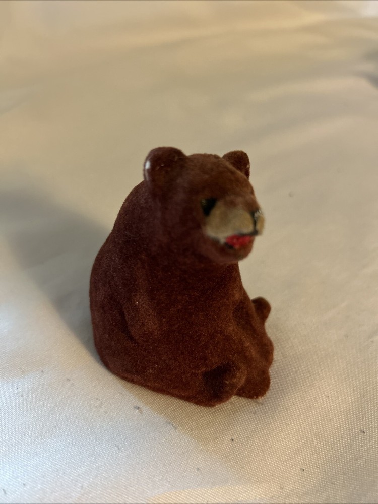 Vintage Flocked Brown Bear Ceramic Figurine 3.1 Inch Japan Grizzly