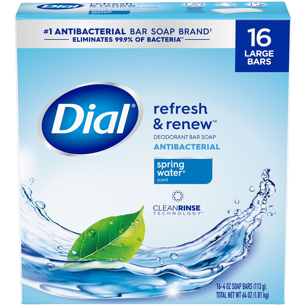 Dial Antibacterial Bar Soap, Spring Water, 4 oz., 16 pk.