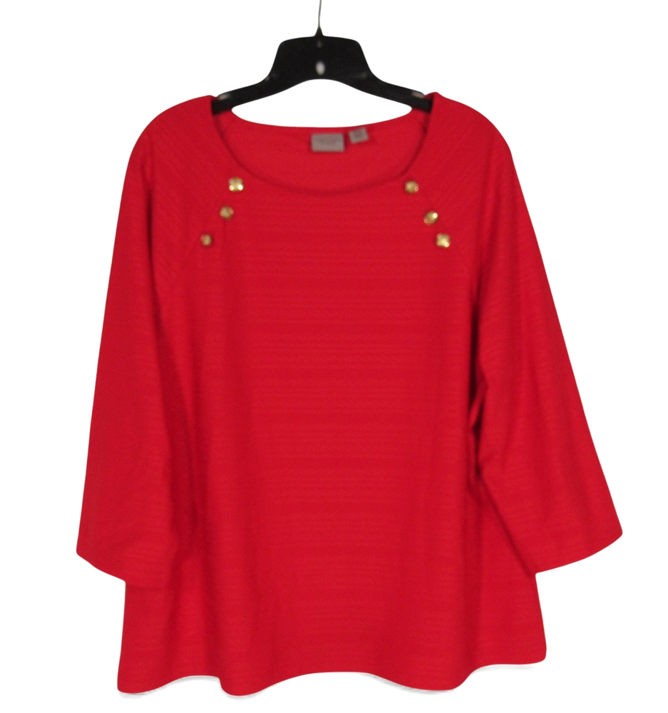 EASYWEAR By CHICO'S Red TEXTURED KNIT Gold Button Trim 3/4-SLV Blouse Top 2-US12