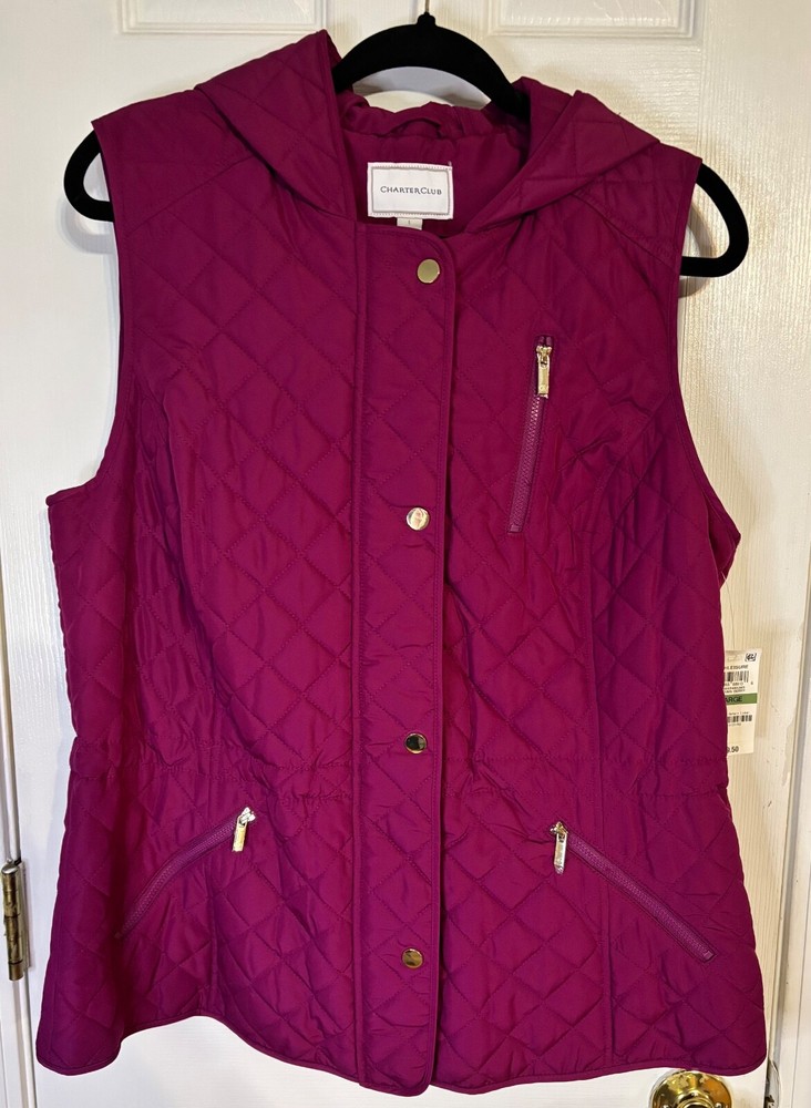 Charter Club - Quilted Hooded Vest Autumn Berry Size Large - Brand New with tag