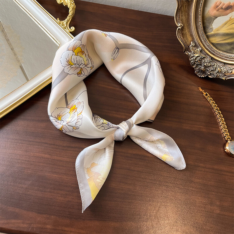 100% Mulberry Silk Scarf for Women - Square Head Wrap, Necktie, Hairband, 20-Inch Printed Design